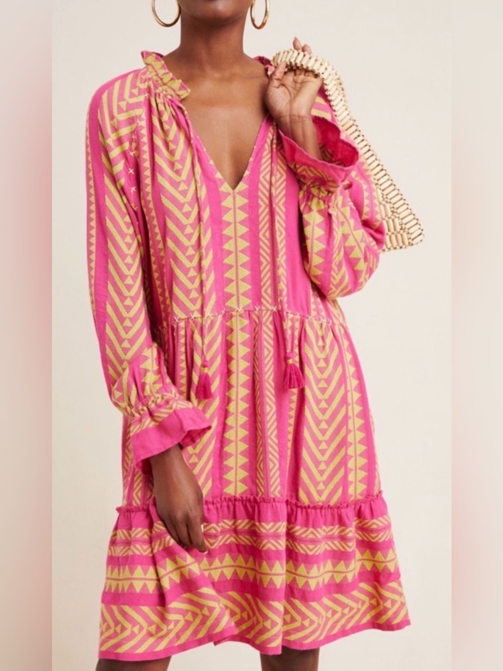 Anthropologie Maeve Dominique Tiered Tunic Dress Pink Cotton Pockets Size M